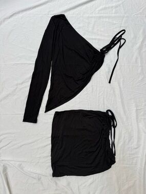Edikted Black Asymmetric Mini Skirt and top Drawstring Detail